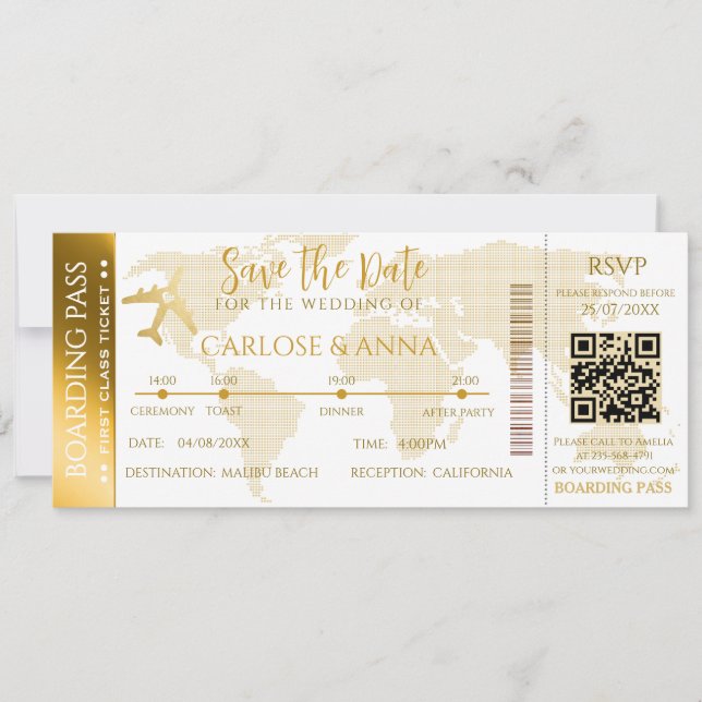  Boarding Pass Destination Wedding QR code  Invitation (Front)