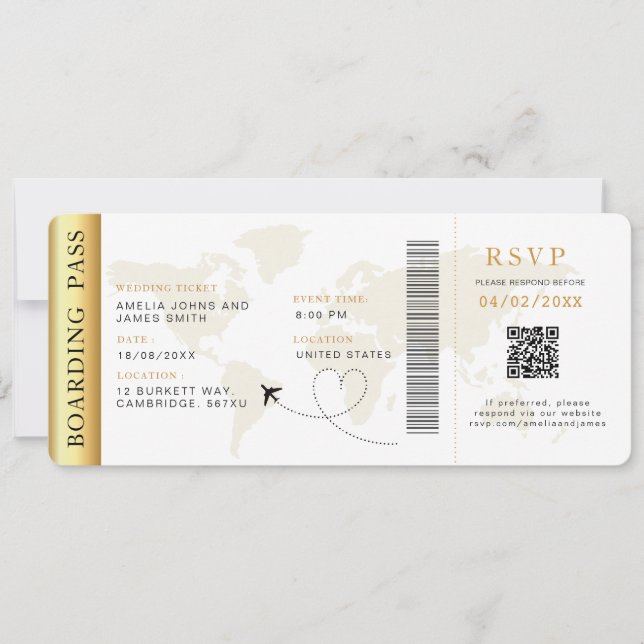 Boarding Pass Destination wedding QR code Rsvp  Invitation (Front)