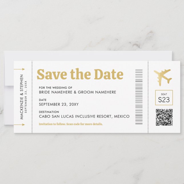 Boarding Pass Gold Destination Wedding  Save The Date (Front)