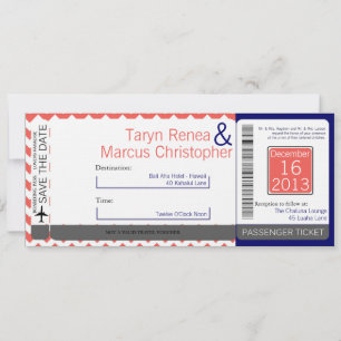 Boarding Pass Linen Wedding Invitation Coral Chevr