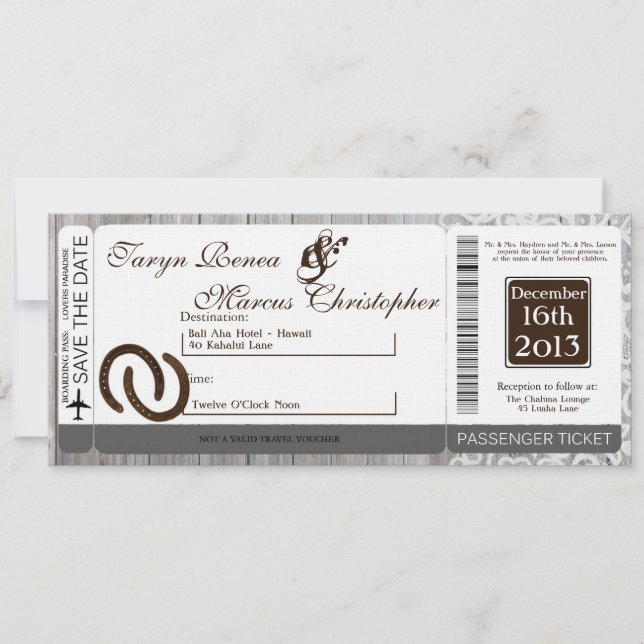 Boarding Pass Linen Wedding Invitation Horse Shoes (Front)