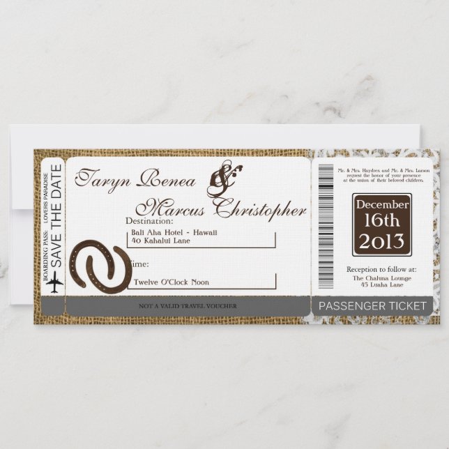 Boarding Pass Linen Wedding Invitation Horse Shoes (Front)
