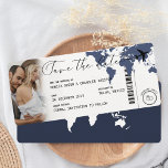 Boarding Pass Navy Blue Map Photo Save the Date<br><div class="desc">"Love Takes Flight: Boarding Pass Save the Date Cards" Announce your love journey with our Boarding Pass Save the Date Cards, a unique and memorable way to invite your guests to take flight with you. Designed to resemble actual boarding passes, these cards incorporate a photo of the couple and elegant...</div>