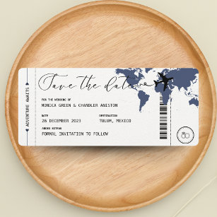 Boarding Pass Navy Blue Map Travel Save the Date