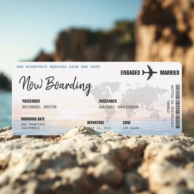 Boarding Pass Ocean Sunset Destination Wedding Save The Date (Creator Uploaded)