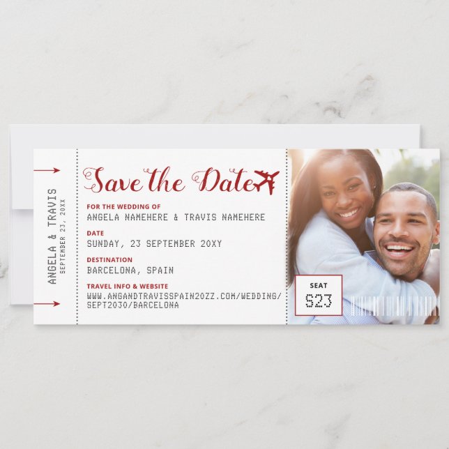 Boarding Pass Photo Red Airplane Logo Save Date (Front)