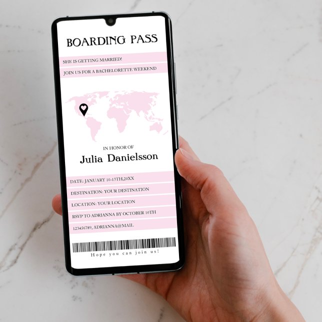 Boarding Pass Pink Bachelorette Weekend Itinerary Invitation (destination bachelorette weekend boarding pass invitation world map pink unique )