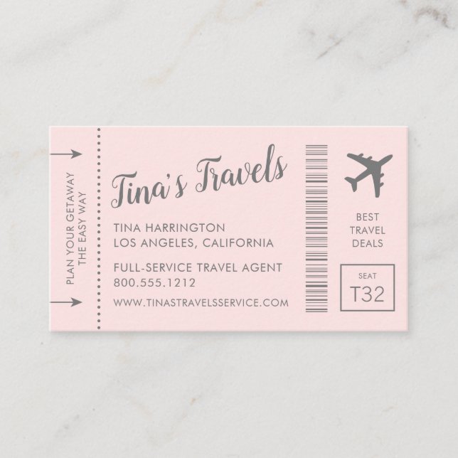 Boarding Pass Plane Ticket Business Cards Pink (Front)