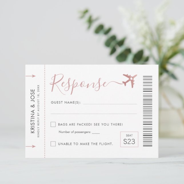 Boarding Pass Plane Ticket Rose Gold Destination  RSVP Card (Standing Front)