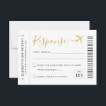 Boarding Pass Plane Ticket Travel Theme Party RSVP Card<br><div class="desc">Boarding Pass Ticket RSVP Card with a gold airplane logo in faux gold and black modern and script fonts, perfect for an "around the world" theme birthday party, sweet 16, wedding or bat mitzvah. This version features simple and cute travel-themed wording for yes/no guest options and space for them to...</div>