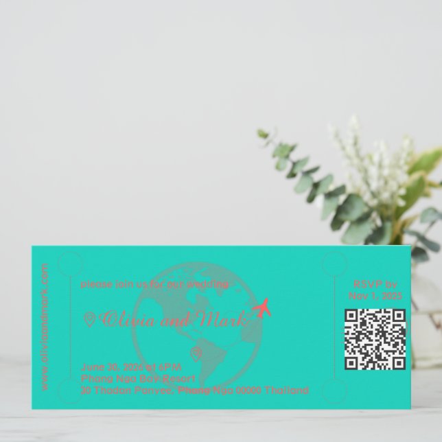 Boarding Pass RSVP Card – Teal & Coral | Tropical (Standing Front)