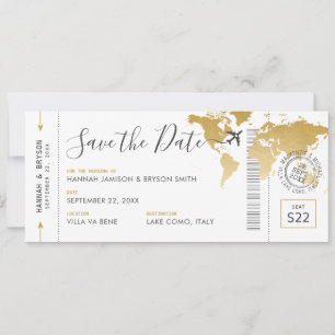 Boarding Pass Save the Date Gold World Map Invitation