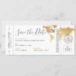 Boarding Pass Save the Date Gold World Map Invitation<br><div class="desc">Boarding pass save the date for a destination wedding featuring a faux gold foil world map, our romantic airplane with a heart wedding logo, and a personalized custom wedding passport stamp with your names, wedding date, and location. All fonts, text, and colours are editable aside from the gold globe image,...</div>
