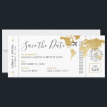Boarding Pass Save the Date Gold World Map Invitation<br><div class="desc">Boarding pass save the date for a destination wedding featuring a faux gold foil world map, our romantic airplane with a heart wedding logo, and a personalized custom wedding passport stamp with your names, wedding date, and location. All fonts, text, and colours are editable aside from the gold globe image,...</div>