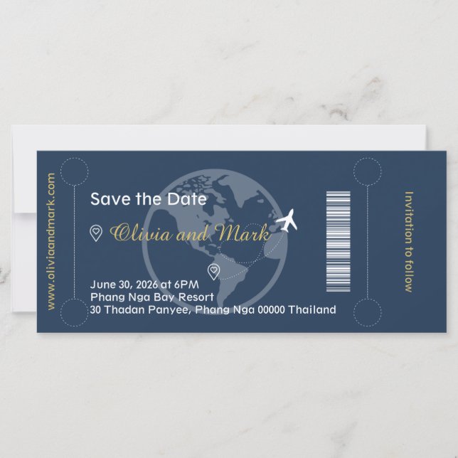 Boarding Pass Save the Date – Navy & Gold (Front)