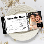 Boarding Pass Save the Date Ticket<br><div class="desc">Modern boarding pass wedding ticket featuring a simple white background that can be changed to any colour,  a photo of the engaged couple,  a plane with a heart loop trail,  and a personalized save the date template that is easy to personalize.</div>