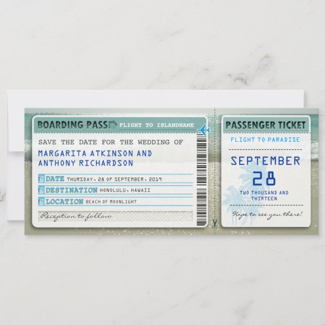 boarding pass save the date tickets with sea waves (Front)