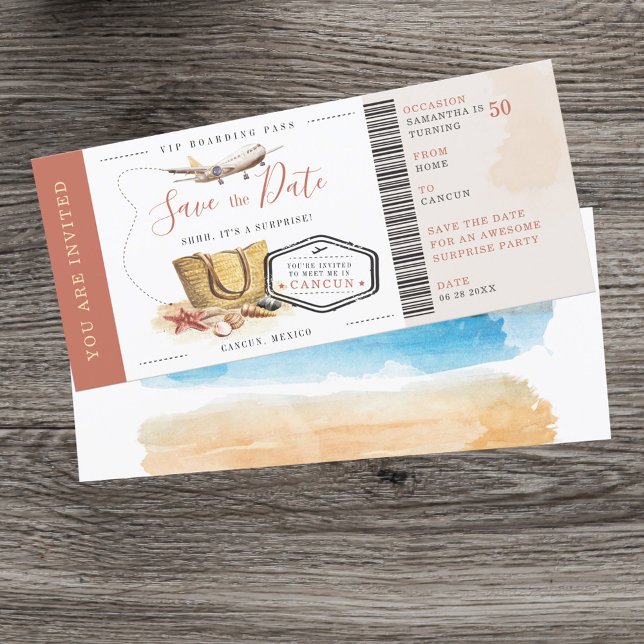 Boarding Pass Surprise Destination Birthday Party (50th Birthday Party Save the Date Invitation)