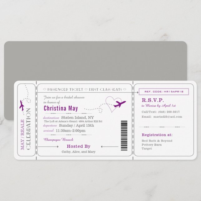 Boarding Pass Ticket Bridal Shower Invitation (Front/Back)