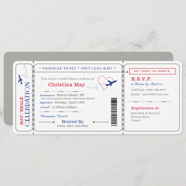 Boarding Pass Ticket Bridal Shower Invite Red Blue (Front/Back)
