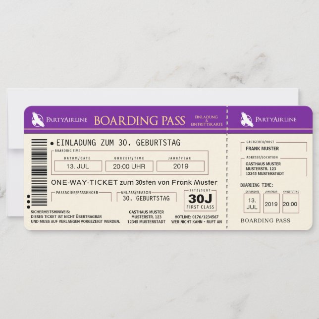 BOARDING PASS ticket invitation card (purple) (Front)