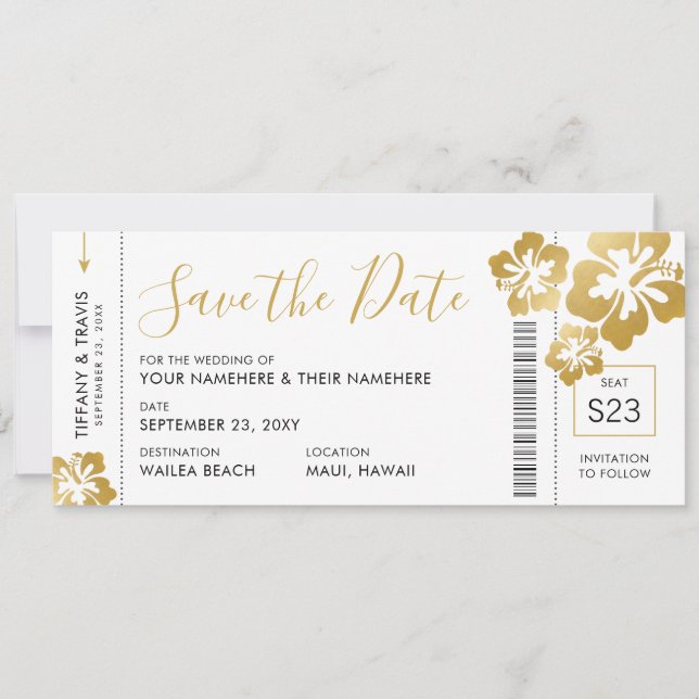 Boarding Pass Ticket Save the Date Gold Hibiscus Announcement (Front)