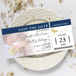 Boarding Pass Tickets | Navy Save the Date Photo Invitation<br><div class="desc">Elegant navy blue & gold save the date boarding pass invitation featuring a photo of the happy couple,  a gold foil compass and plane,  and a text template that is easy to personalize.</div>