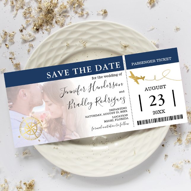 Boarding Pass Tickets | Navy Save the Date Photo Invitation (Creator Uploaded)