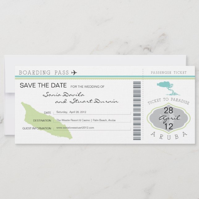 Boarding Pass to Aruba Wedding Invitation (Front)