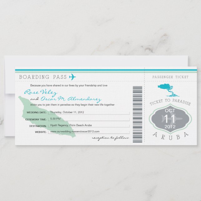 Boarding Pass to Aruba Wedding Invitation (Front)