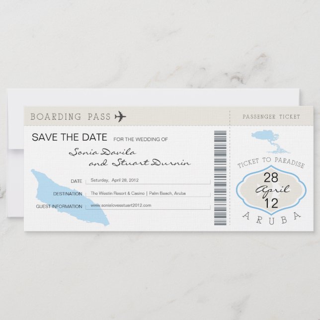 Boarding Pass to Aruba Wedding Invitation (Front)
