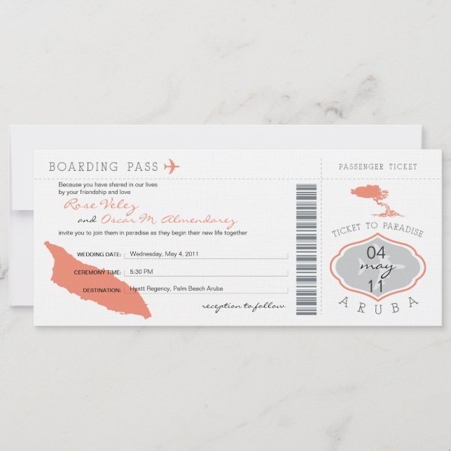 Boarding Pass to Aruba Wedding Invitation (Front)