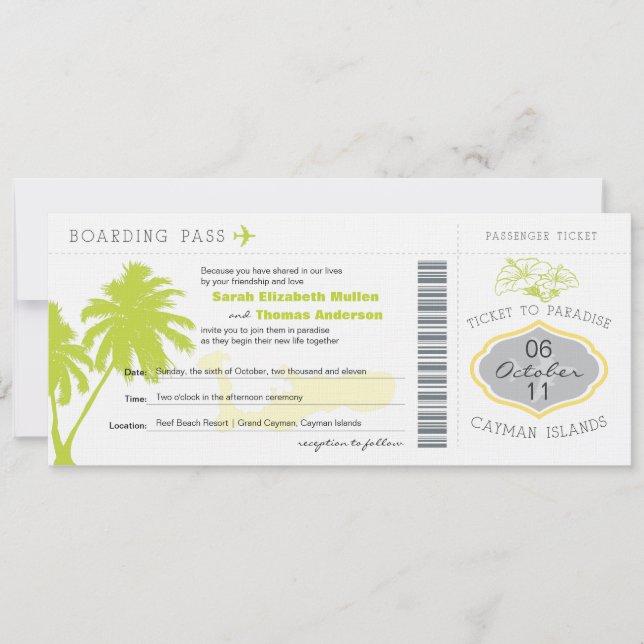 Boarding Pass to Cayman Islands Wedding Invitation (Front)