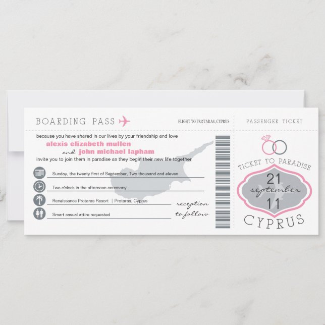 Boarding Pass to Cyprus Wedding Invitation (Front)