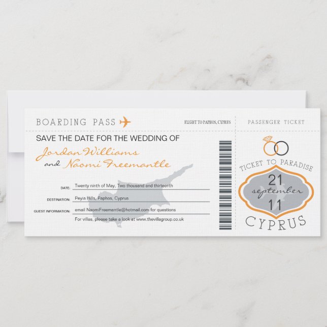 Boarding Pass to Cyprus Wedding Invitation (Front)