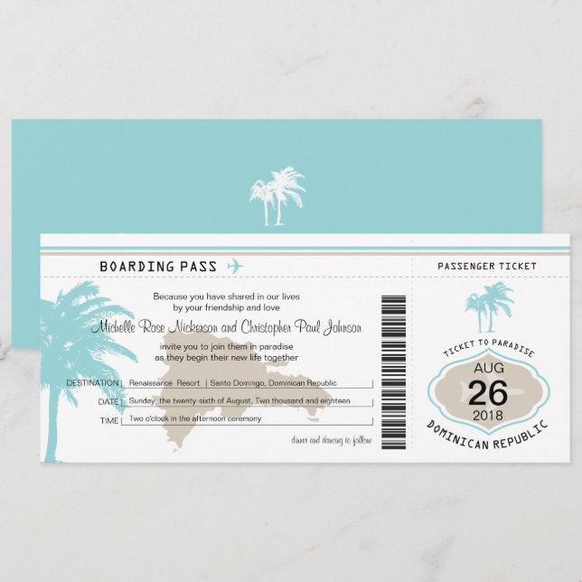 Boarding Pass to Dominican Republic Wedding Invitation (Front/Back)