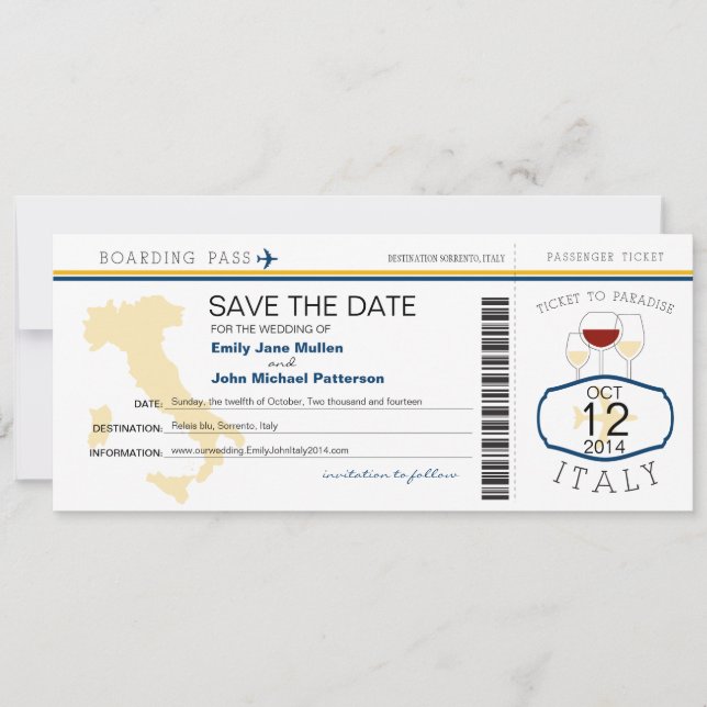 Boarding Pass to Italy Wedding Invitation (Front)