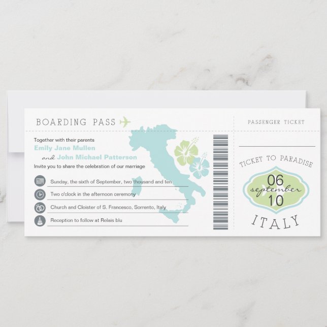 Boarding Pass to Italy Wedding Invitation (Front)