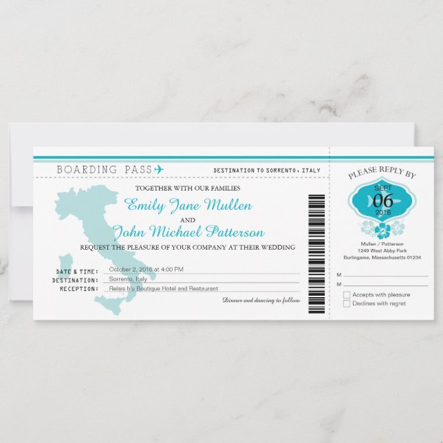 Boarding Pass to Italy Wedding Invitation (Front)