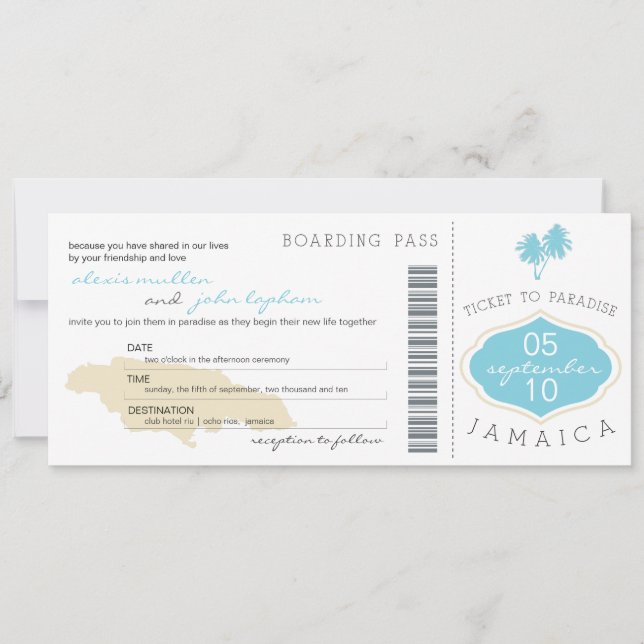 Boarding Pass to Jamaica Wedding Invitation (Front)