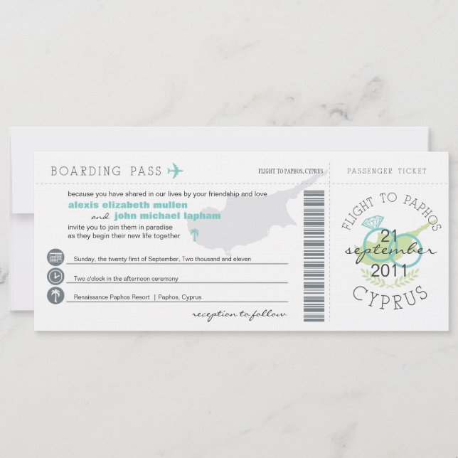 Boarding Pass to Paphos Cyprus Wedding Invitation (Front)