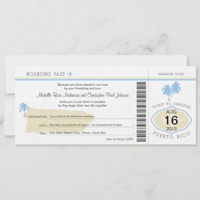 Boarding Pass to Puerto Rico Wedding Invitation (Front)