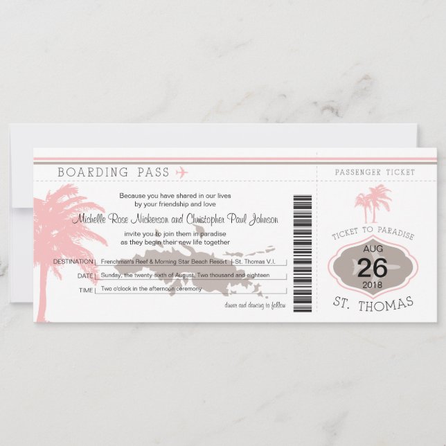 Boarding Pass to St Thomas Brown & Pink Invitation (Front)