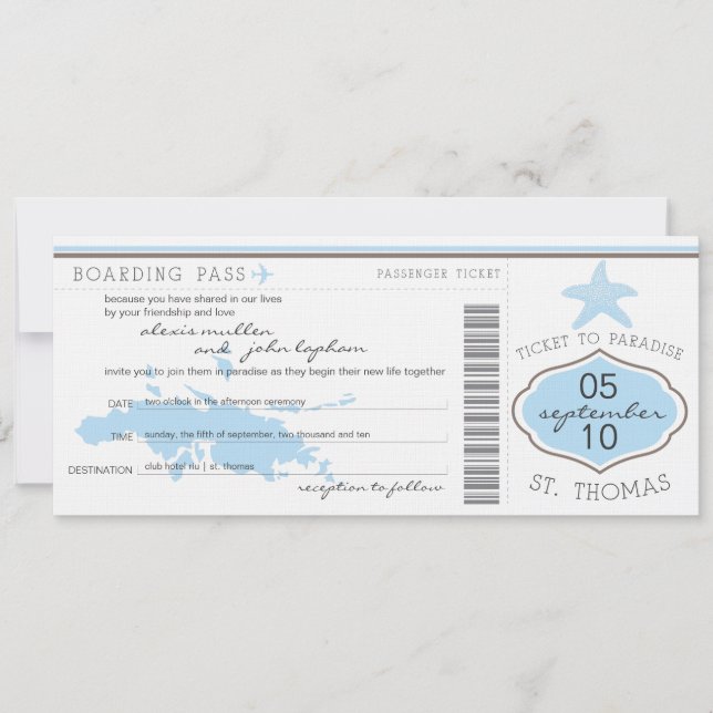 Boarding Pass to St. Thomas Wedding Invitation (Front)