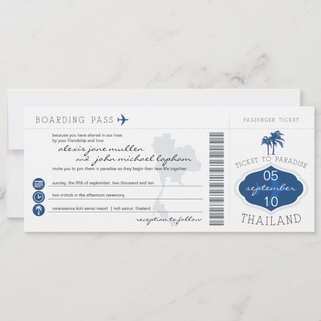 Boarding Pass to Thailand Wedding Invitation (Front)