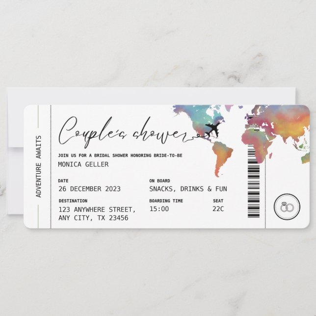 Boarding Pass Travel Themed Couple's Shower Invitation (Front)