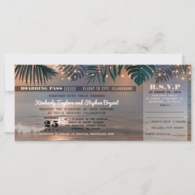 Boarding Pass Tropical Beach Lights Wedding Ticket Invitation (Front)