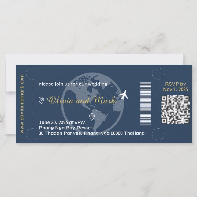 Boarding Pass Wedding Invitation – Navy & Gold (Front)