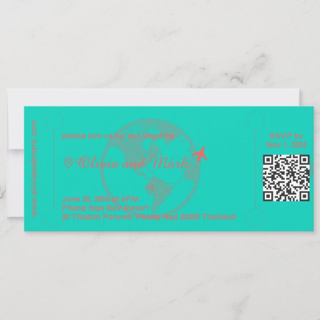 Boarding Pass Wedding Invitation – Teal & Coral (Front)
