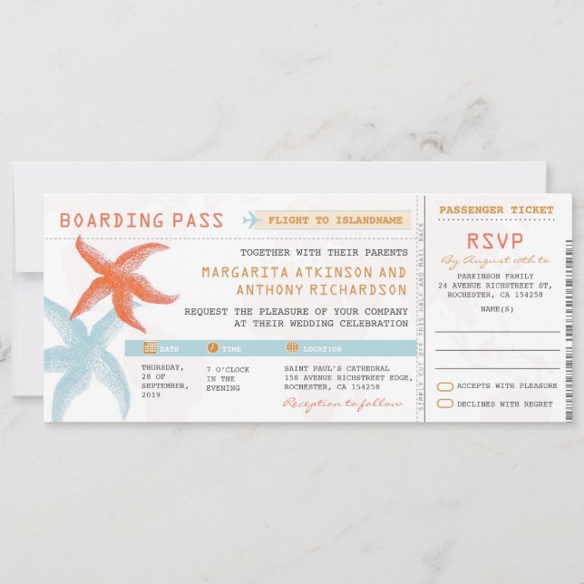 boarding pass wedding tickets with RSVP together Invitation (Front)